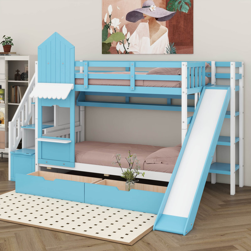 Lit superposé simple au-dessus de simple, lit superposé château avec 2 tiroirs, 3 tablettes et glissade, lit superposé en bois massif