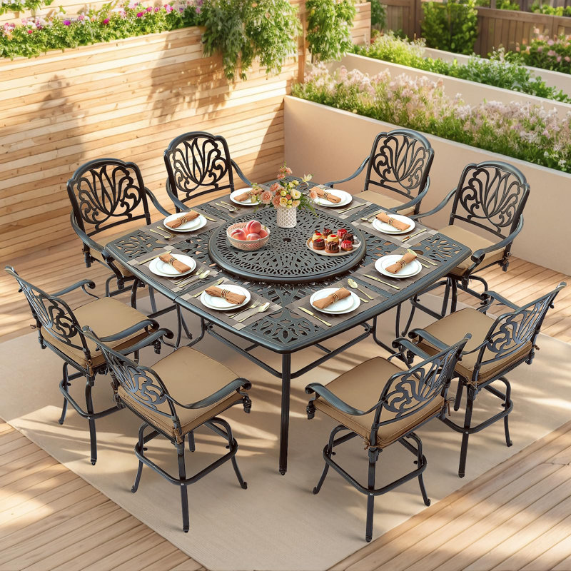 10-Piece Outdoor High Patio Dining Set, All Weather Cast Aluminum Outdoor Bar Table And Chairs Set, Includes 8 Swivel Bar Stools & 63.98" Bar Height Dining Table With 35.38" Lazy Susan, Umbrella Hole