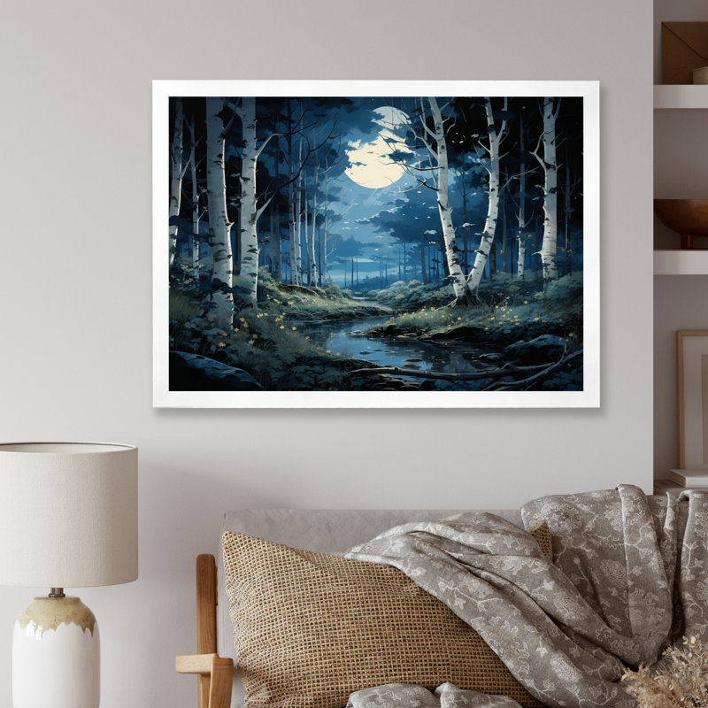 " Birch Woods Moonlit Symphony IV ", White Picture Framed, 24" H x 32" W x 1" D