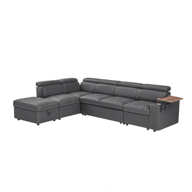 Canapé modulaire en tissu gris avec repose-pieds de rangement spacieux, parfait pour les espaces de vie modernes et fonctionnels.