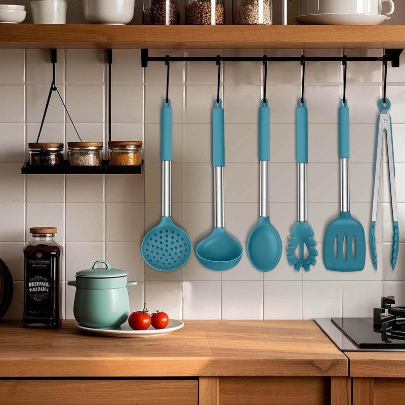 Ensemble d'ustensiles de cuisine en silicone 6 pièces avec poignées en acier inoxydable, ustensiles de cuisine résistants à la chaleur et antiadhésifs pour la cuisson, la cuisson, le mélange et l'agitation