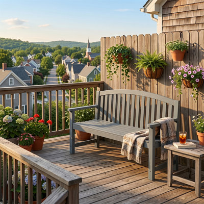 Banc de jardin extérieur gris en bois massif, banc de jardin à lattes avec accoudoirs pour porche