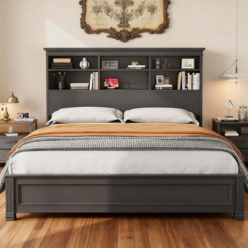 Full/Queen/King Bed Frame with Bookcase Headboard & Charging Station, Under Bed Storage, Black, Queen