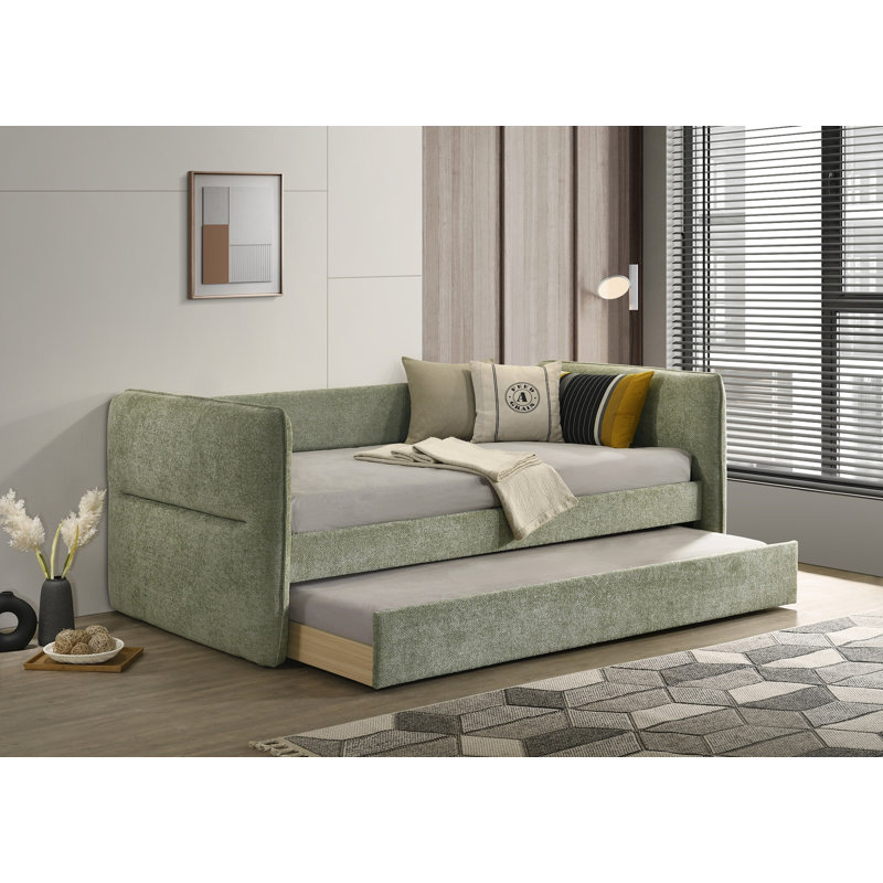 1pc Modern Daybed Pull Out Trundle Button Tufted Nailhead Trim Bedroom Living Room Furniture Light Green Finish, Light Green