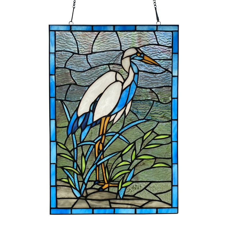 18"H Crane Stained Glass Window Panel