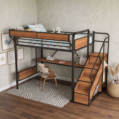 Lit mezzanine en métal avec bureau, prise de courant, bande DEL, panneau perforé, paniers en filet et garde-robe ouverte