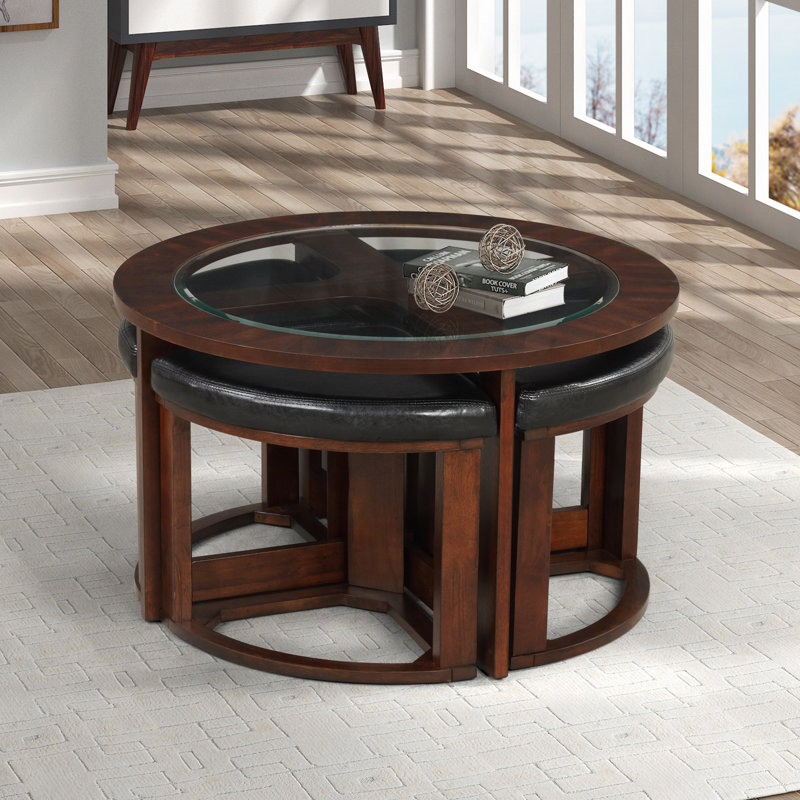 Table basse cylindrique en bois massif avec plateau en verre et 4 tabourets