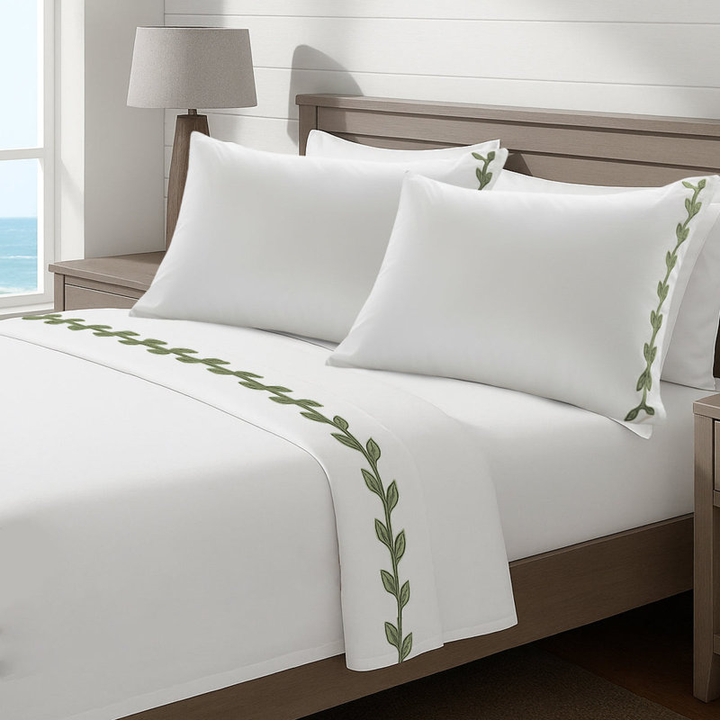 Layered Leaf Applique Cotton Sheet Set, King Fitted Sheet, Sage/White