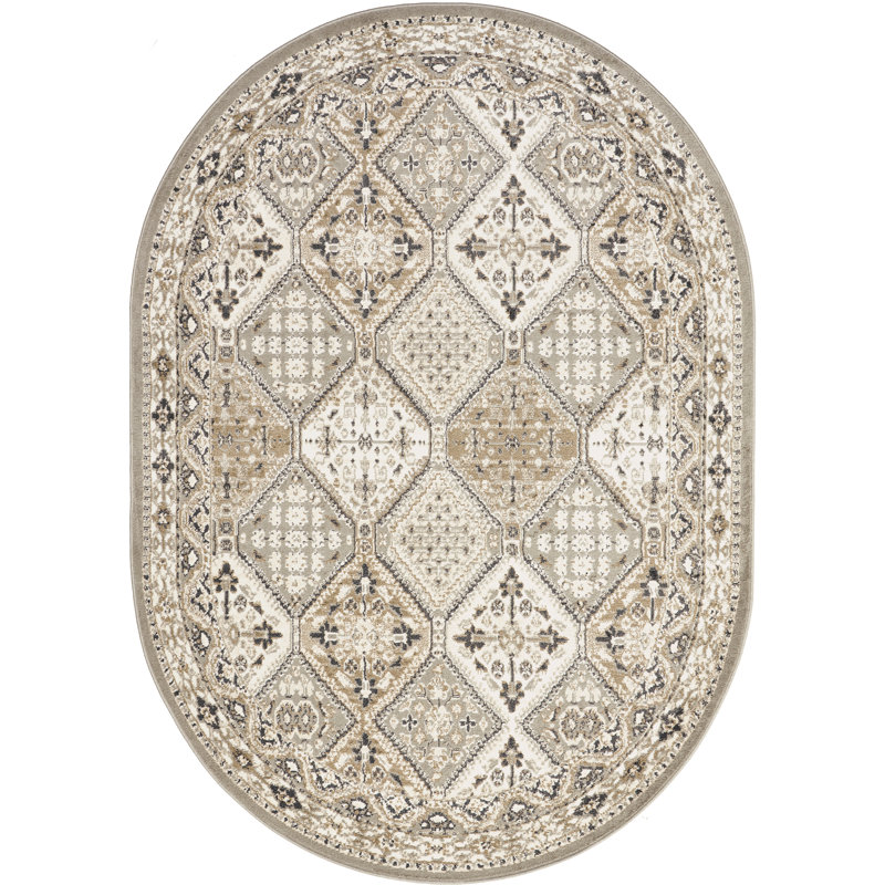 Daye Traditional Tiled Power Loom Performance Gray/Beige Rug, Oval 6'7" x 9'