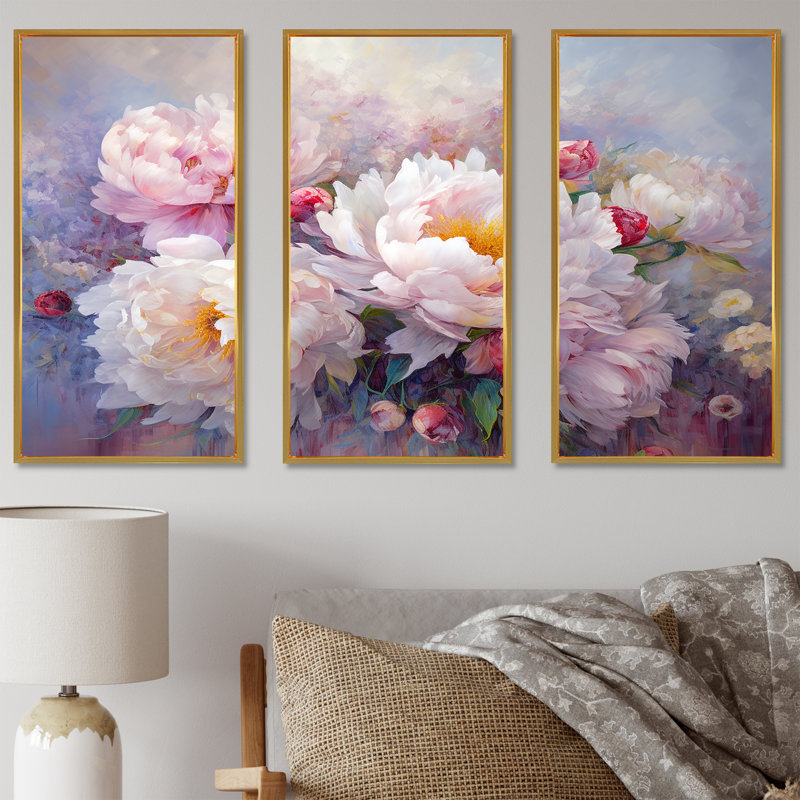 Ensemble de salon art mural pivoines roses et blanches I, Cadre flottant doré, H 28 po x l 36 po x P 1 po