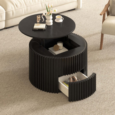 Table basse ronde à plateau relevable, décor moderne en bois cannelé avec rangement caché pour le salon, durable et élégant