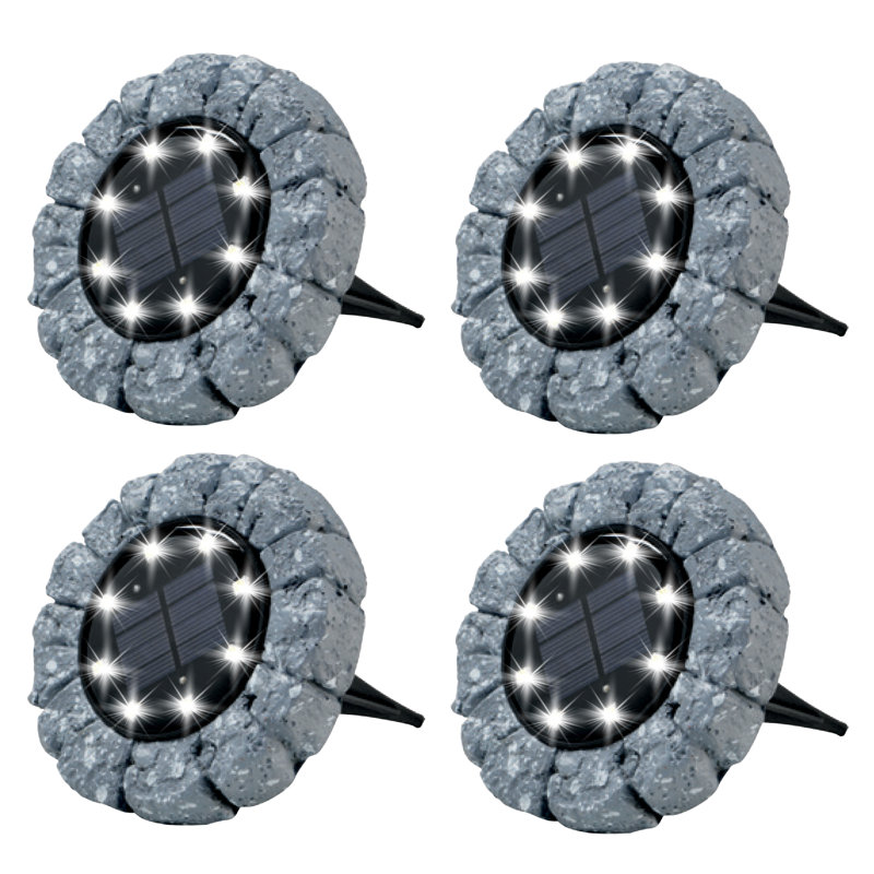 Stone Dark Gray Solar Powered LED Pathway Disk Lights, Set of 4