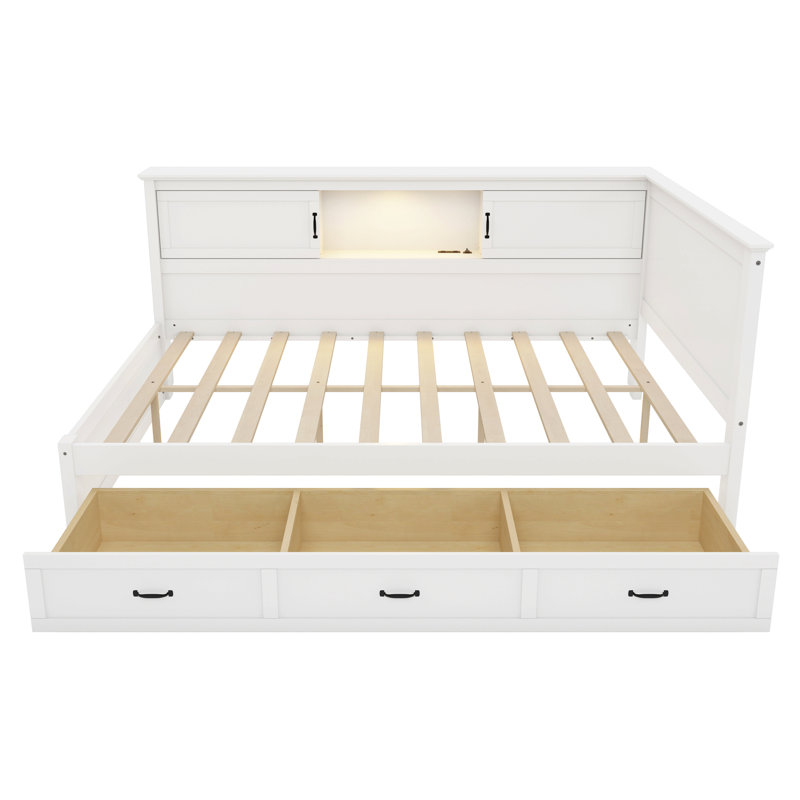 L-Shaped Bed Frame With Drawer And And Bookcase,Corner Bed Wooden Captain Bed With Led Downlight And Usb Port For Small Room,Bedroom, Guest Room, Full Size, White