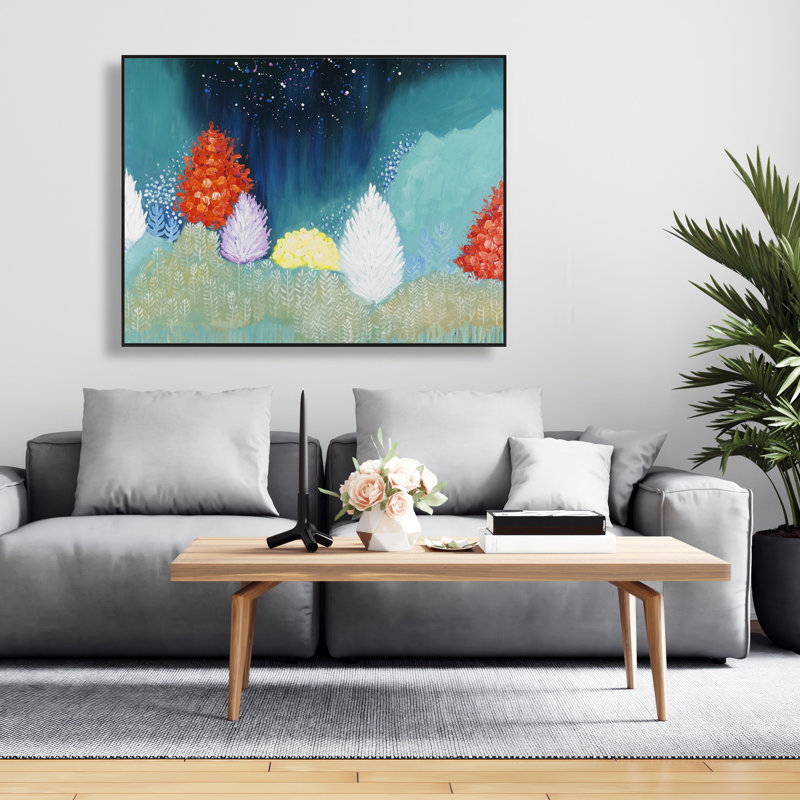 Mysterious Colorful Trees - Yellow Framed Canvas Art for Home