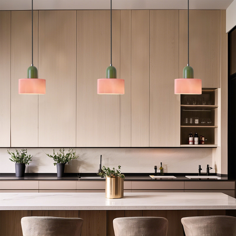 Mid Century Modern Glass Pendant Light, Pink, Green