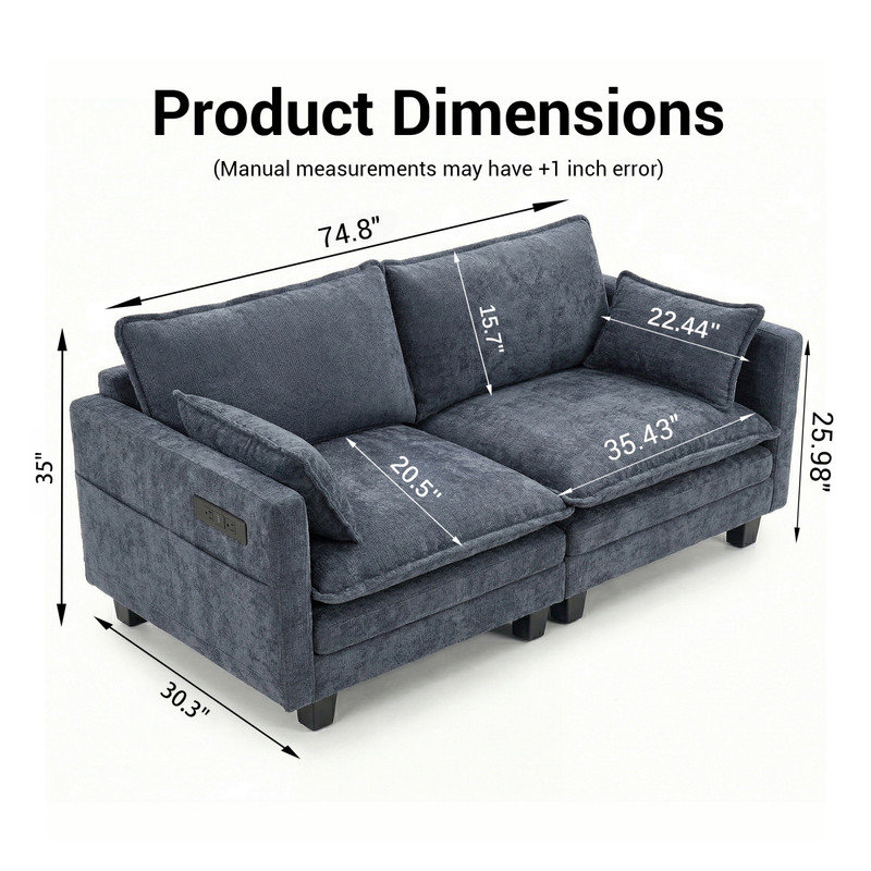Causeuse moderne à 2 places en chenille bleu gris avec ports USB et poches latérales, canapé compact pour appartement, chambre à coucher et bureau