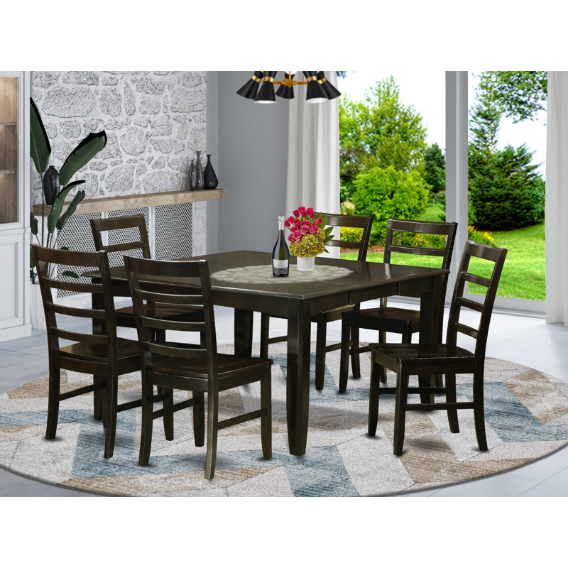 7 Piece Dining Room Table Set Consist of a Square Wooden Table with Butterfly Leaf and 6 Kitchen Dining Chairs, Cappuccino