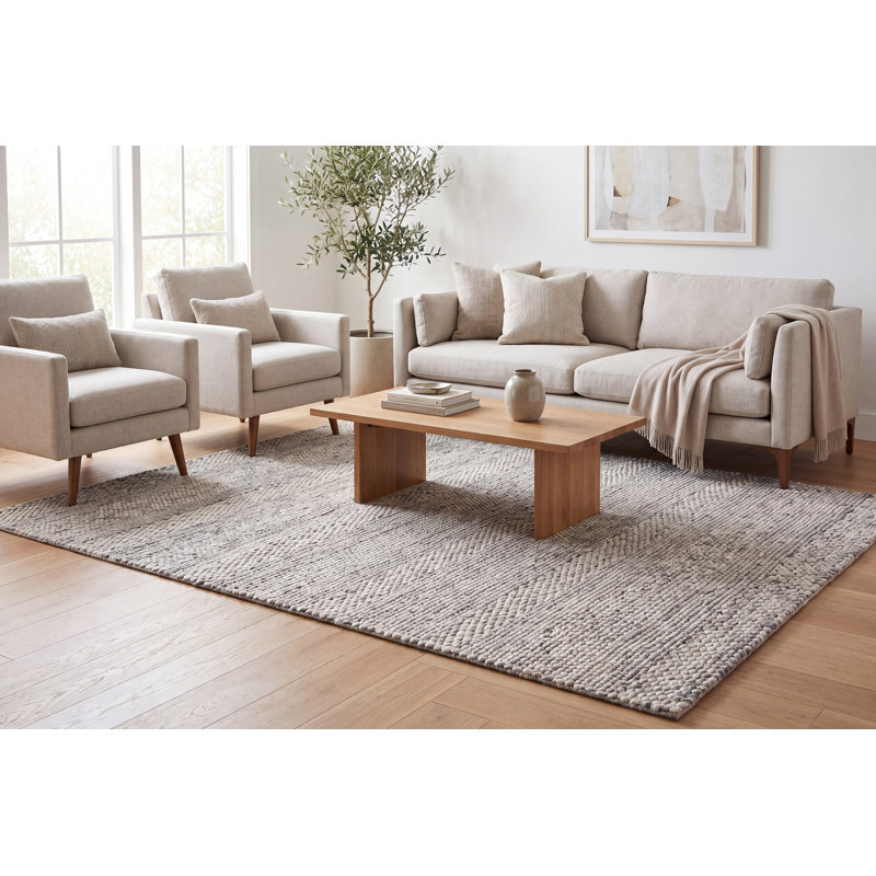 Tapis rectangulaire rayé en nylon / laine tissé à la main gris clair, Rectangle 8 pi x 10 pi