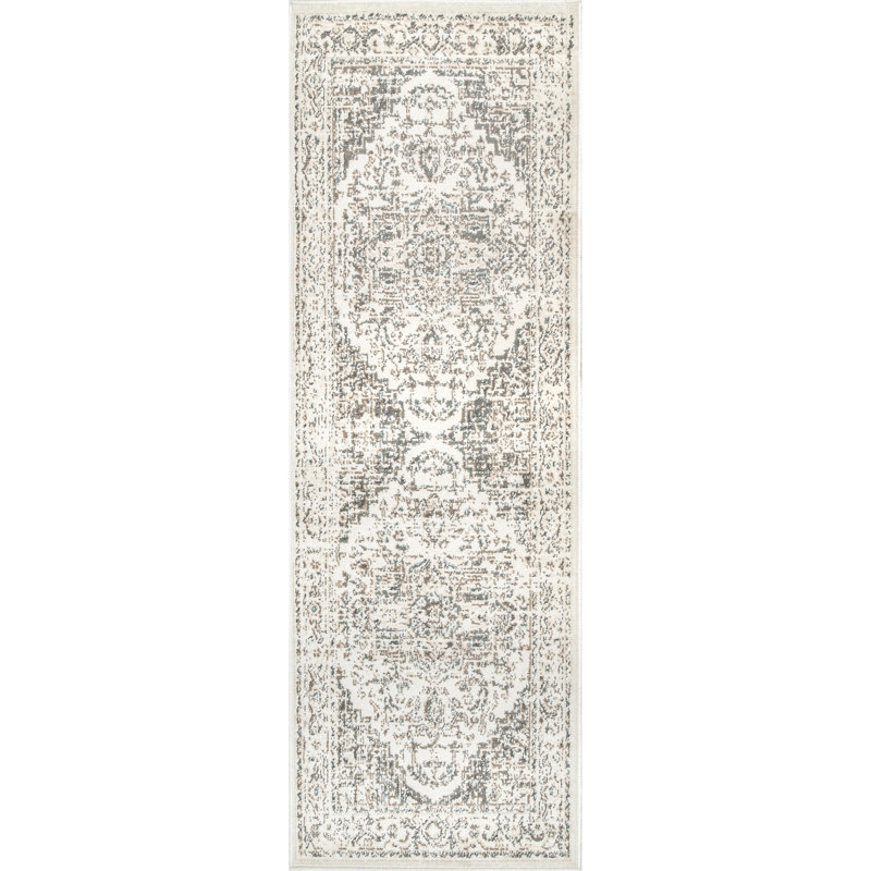 Tapis crème à médaillon oriental tissé à la machine Ethelinde, Tapis de couloir 2 pi 6 po x 10 pi