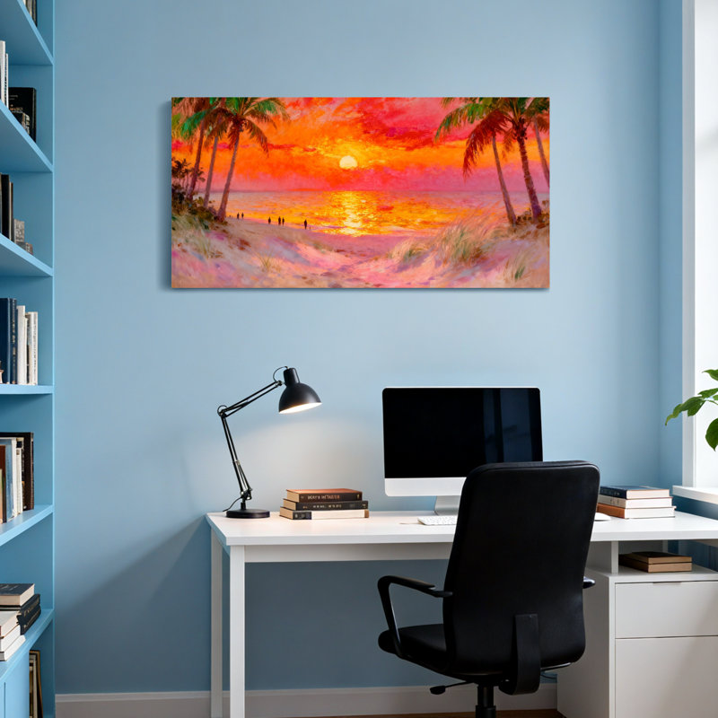 Nautique et plage, coucher de soleil tropical, palmiers, couleurs vibrantes, vue sur l'océan, H 24 po x l 48 po