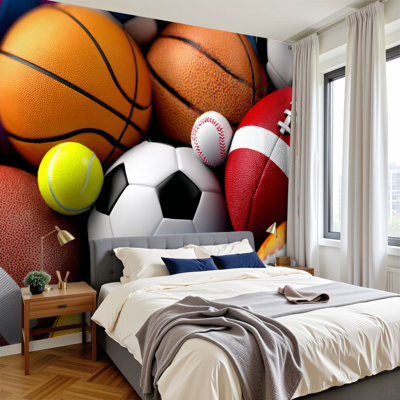 sports Papier peint adhésif peler et coller Basketball Football Sports Garçons Pépinière Salle de jeux Murales de salle de classe H 100 po x l 144 po Papier mural amovible en PVC auto-adhésif pour le salon de la chambre Bureau à domicile