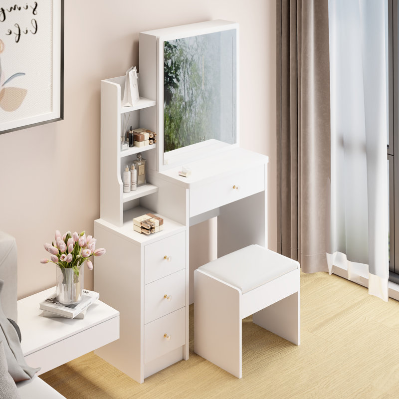 Grande coiffeuse avec tabouret rembourré grande capacité de rangement blanc 29,2 po
