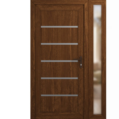 Front Exterior Prehung uPVC Metal-Plastic Door Manux 8415 Walnut Side Sidelite Office Commercial and Residential Doors Entrance Patio Garage 46 x 80 (W32+14 x H80) Left hand Inswing