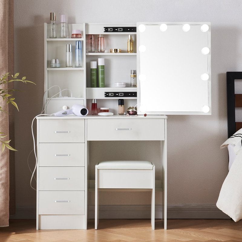 Bureau de meuble-lavabo avec miroir à DEL et prise de courant, coiffeuse de maquillage avec 3 modes d'éclairage Luminosité réglable pour la pièce