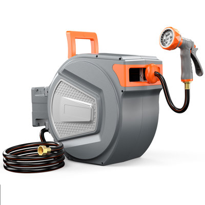 Retractable Garden Hose Reel with 9 Pattern Spray Nozzle and 180 Degree Swivel Bracket