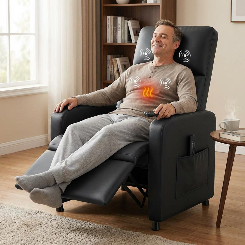 Power Recliner Chair with Massage and Heat, Adjustable Electric Recliner Ergonomic Overstuffed PU Leather Single Sofa, 2 Side Pockets and USB Port, Home Theater Seating for Living Room