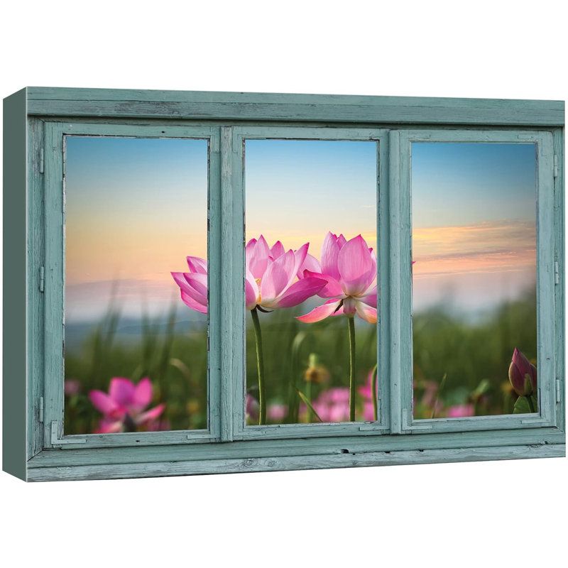 Scène de fenêtre «Vintage Teal Window donnant sur un champ de fleurs de lotus» sur toile, H 32 po x l 48 po