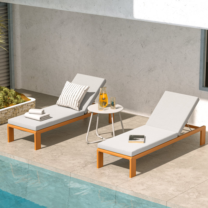Riyadh Aluminum Reclining Chaise Lounge with Wood Grain Finish and Removable Cushion Set of 2