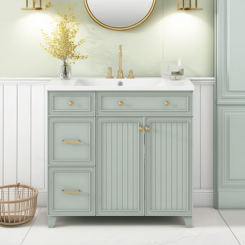 Armoire de salle de bain avec 2 tiroirs et 1 tablette, 2 portes, Vert