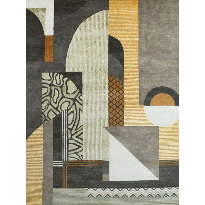 Tapis décoratif gris à motif abstrait jaune de la collection Barcelona, Rectangle 4 pi 11,06 po x 9 pi 10,11 po