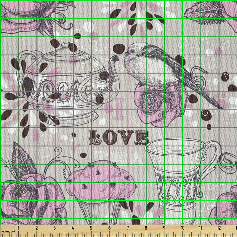 Bashaw Teacup and Pot Romantic Roses Birds Valentines Day Multi-Purpose Fabric