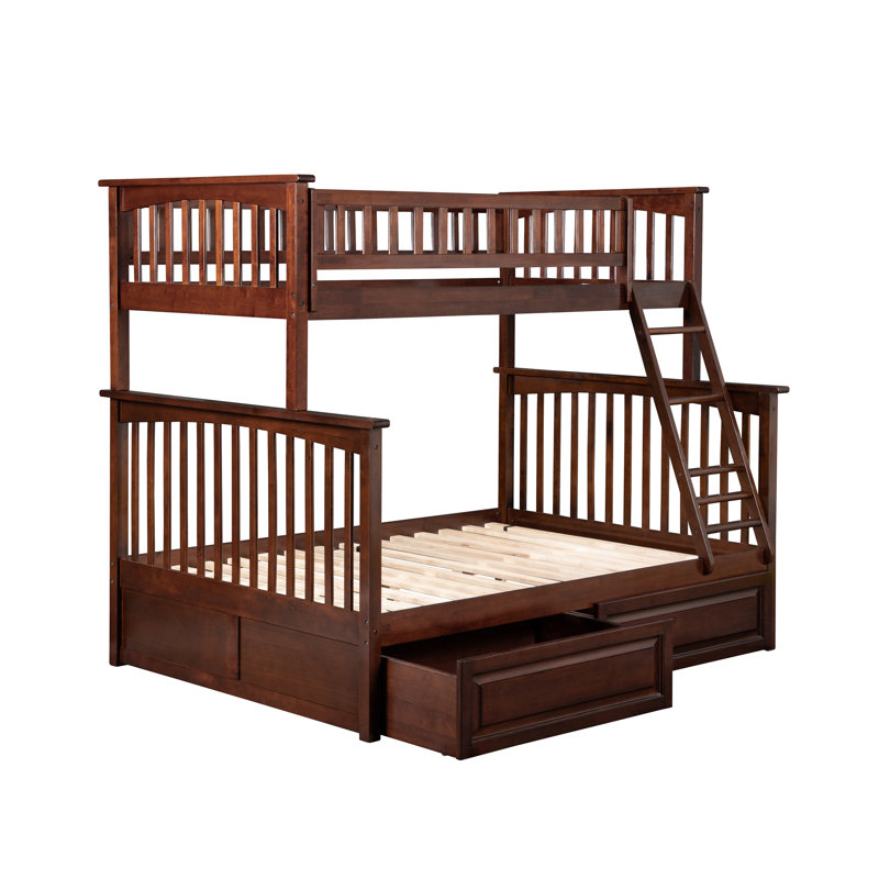 Columbia Solid Wood Standard Ladder Storage Bunk Bed with Raised Panel Under Bed Drawers, Twin over Full, Walnut