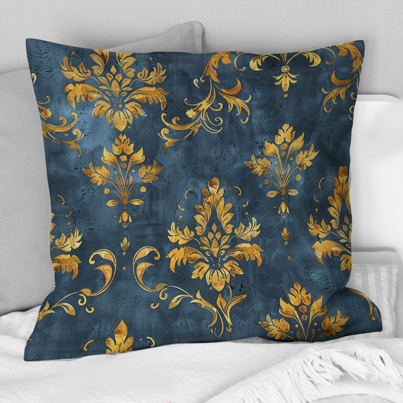 Coussin décoratif damassé indémodable bleu et doré II, H 16 po x l 16 po
