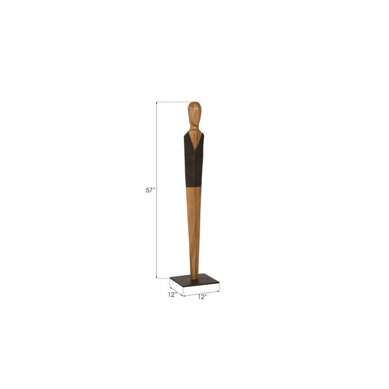 Tall Natural and Black Wood Sculpture on Metal Base