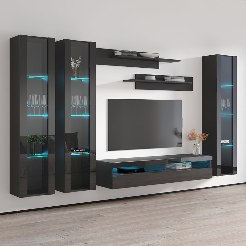 120" Modern Floating Wall Mounted Entertainment Center with 16-Color LED Lighting, High Gloss Finish, Gray