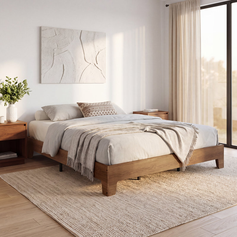 Cadre de lit plateforme en bois de format California King, profil bas, avec lattes en bois silencieuses, Brun grand lit