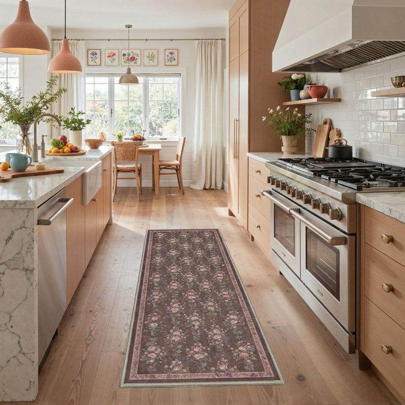Bellingham Verdure Floral Machine Washable Pink / Green / Brown Indoor Area Rug with Non-Slip Backing, Runner 2'6" x 8'