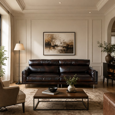 Modern Family Style Sofa with Soft Top Grain Leather Upholstery Comfortable Durable Seating Perfect for Living Room or Lounge Area