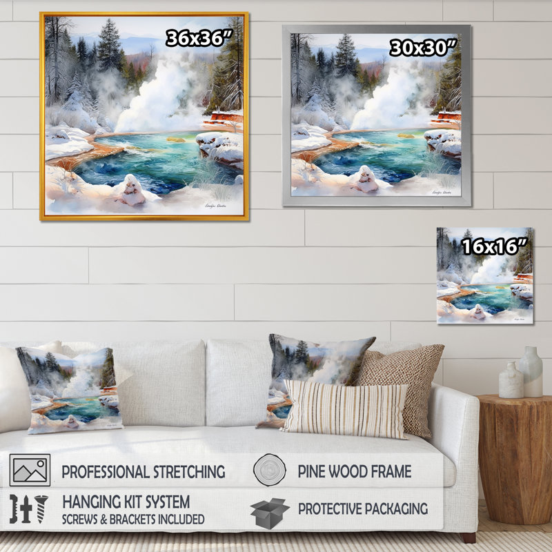 Geyser Charm In Winter sur impression sur toile, H 36 po x l 36 po x P 1,5 po, Cadre flottant noir