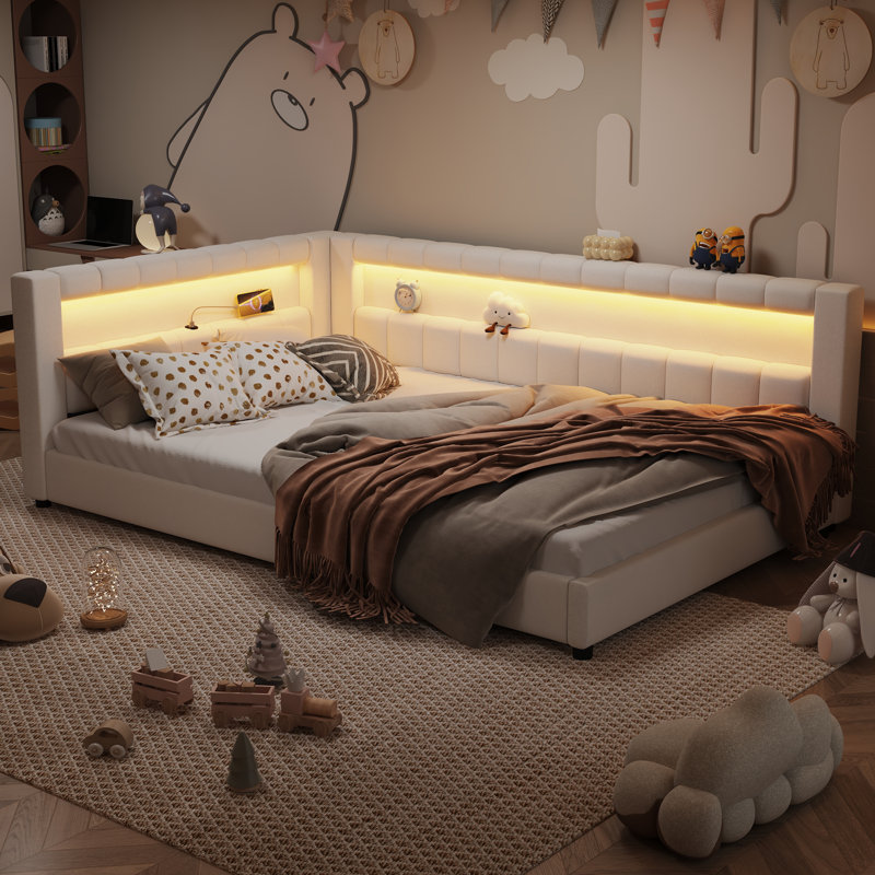 Lit plateforme double tapissier double avec ports USB et ceinture lumineuse à DEL, lit multifonctionnel pour enfants, blanc