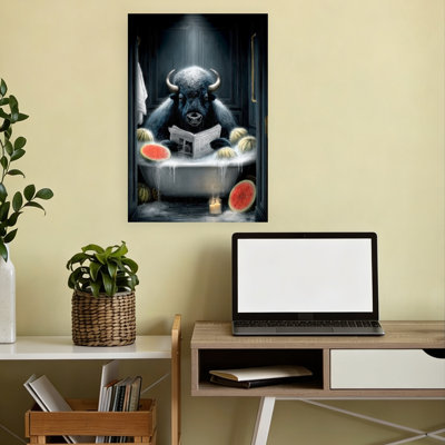 Bison Bath Time Surreal Whimsical Contemporary Bison Animal Fruit Wall Art Print 1 Piece Wrapped Canvas Wall Art