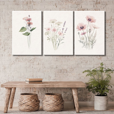 Douce aquarelle rose, coquelicot, lavande, fleurs sauvages, fond en lin, toile tendue prête à être suspendue à la ferme, salon, décoration murale, 3 pièces, impression sur toile