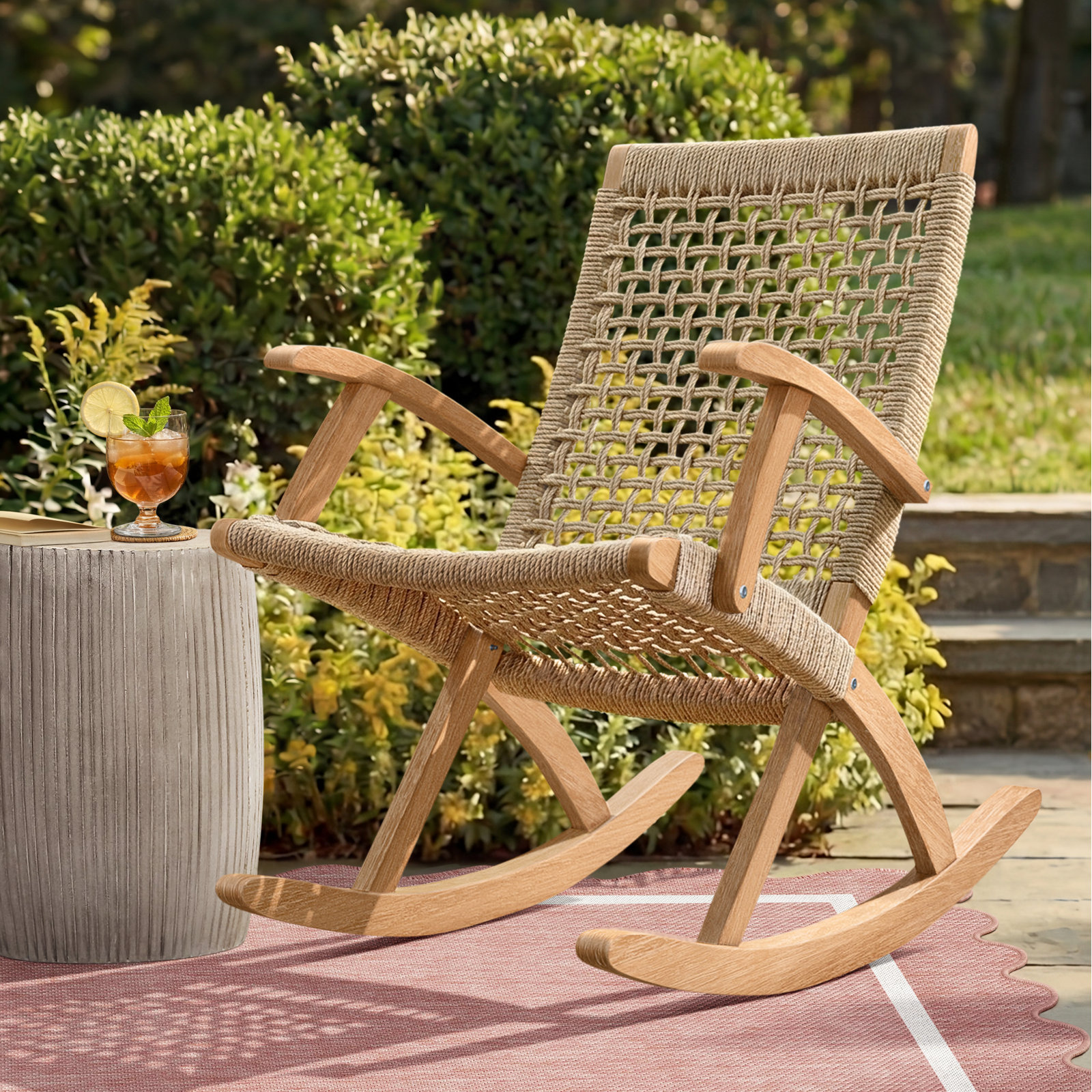 Outdoor Brayson Rocking Solid Wood Chair, Light Brown/Wheat Rope