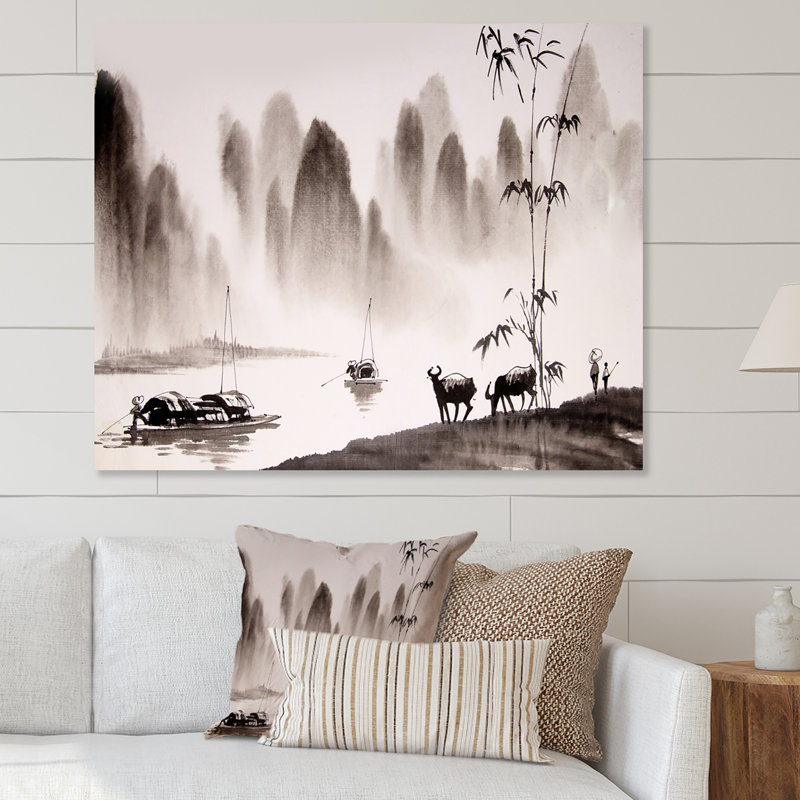 Peinture à l'encre de Chine, H 30 po x l 40 po x P 1,5 po, Toile tendue