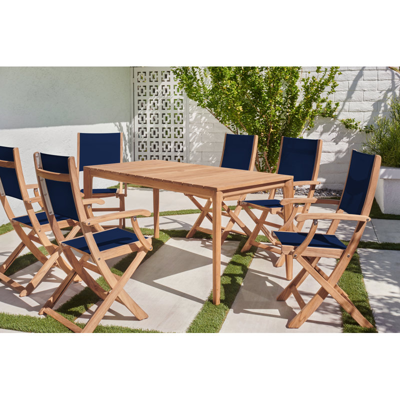 Ensemble repas d'extérieur rectangulaire en teck 7 pièces Cateline, Bleu