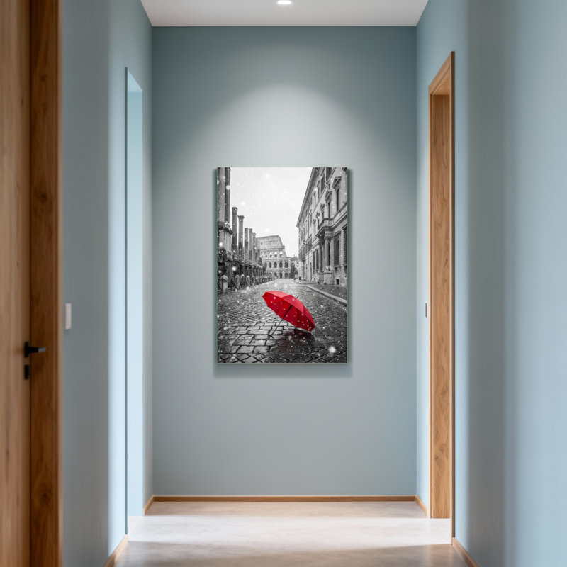 Scénique et paysage urbain parapluie rouge dans la rue romaine enneigée, H 24 po x l 16 po